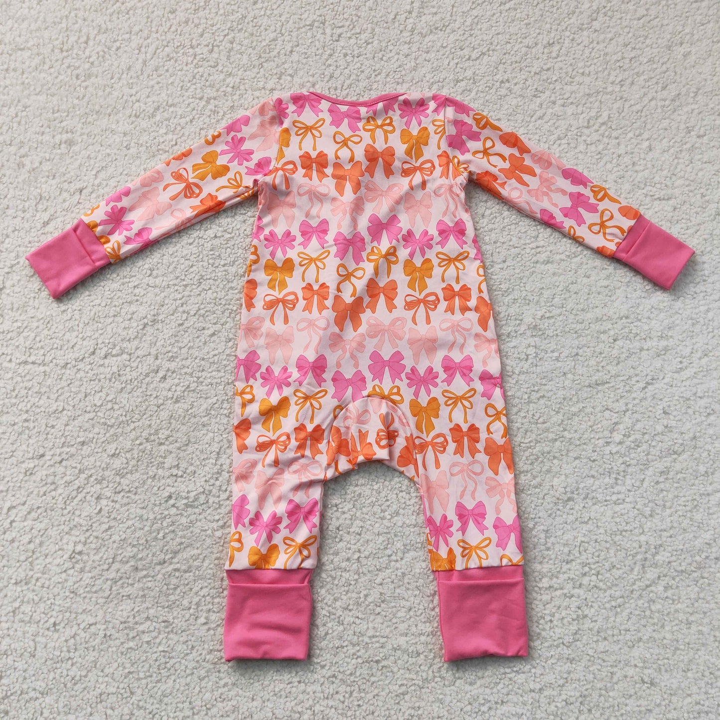 LR2567 Bows Hot Pink Zipper Long Sleeve Girls Romper