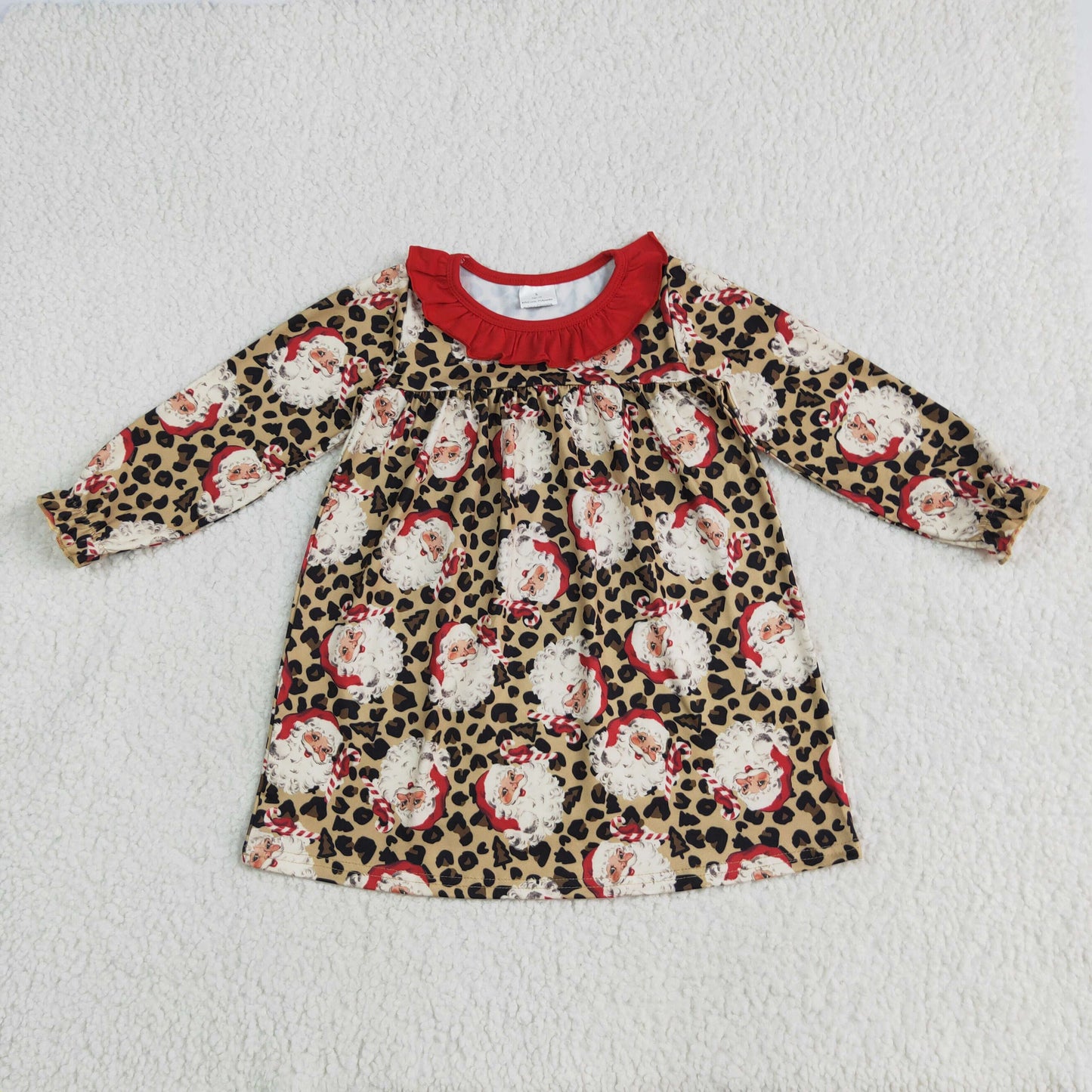 GLD1065 Christmas Santa leopard long sleeve girls dress