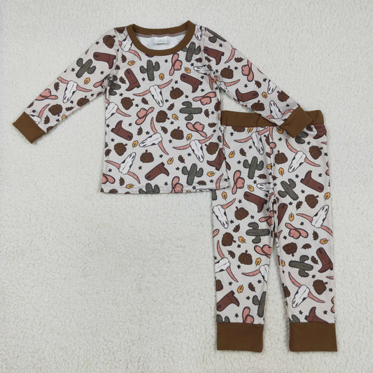 Custom moq 20 bamboo Western Autumn pumpkin cactus long sleeve pants boys pajamas