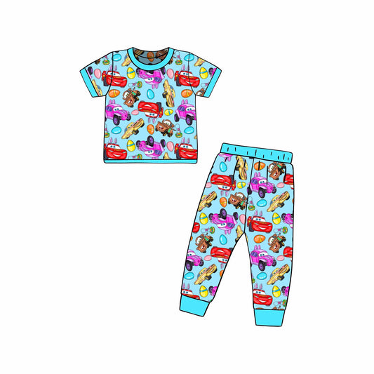 Custom Easter Cartoon Car Blue Short Sleeve Pants Boys Set