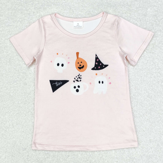 GT0698 Halloween spooky hat pumpkin pink short sleeve girls top