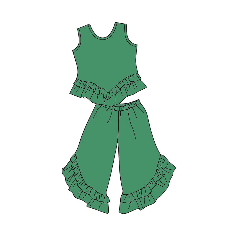custom trendy green sleeveless pants girls ruffles set