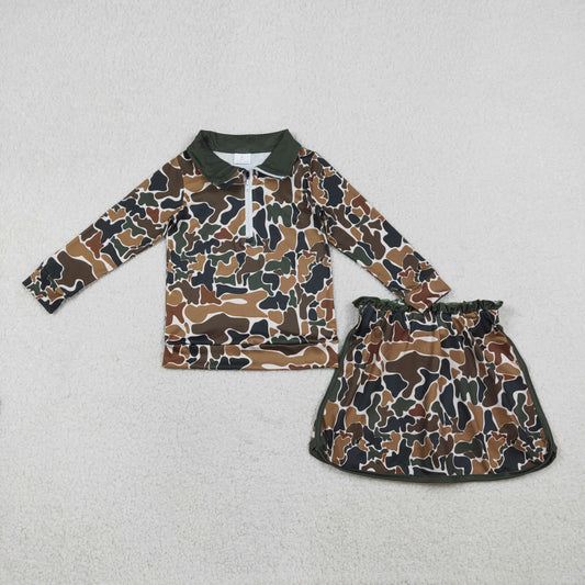 GLD1547 Hunting Camo Zipper Long Sleeve Skorts Girls Set