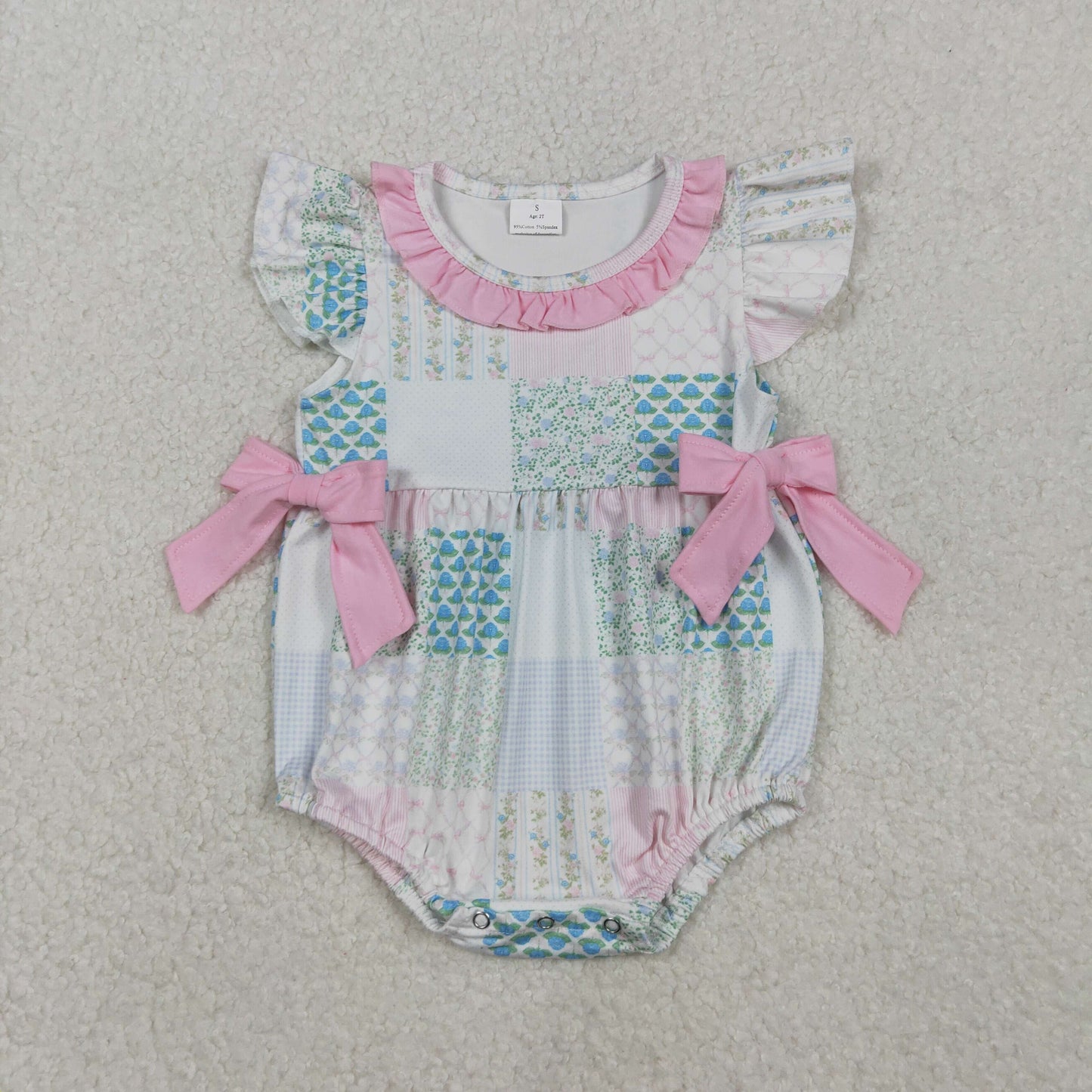 SR3293 flowers floral pink bows flutter sleeve girls romper