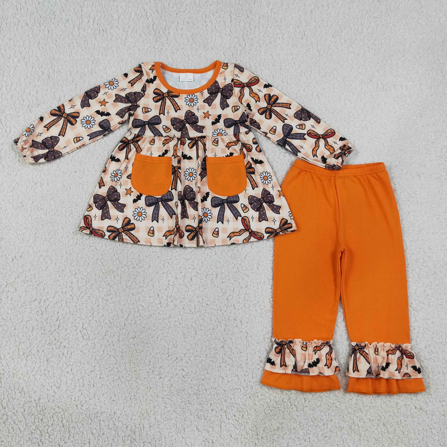 GLP3534 Halloween Bows Corn Candy Pocket Long Sleeve Pants Girls Set