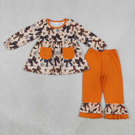 GLP3534 Halloween Bows Corn Candy Pocket Long Sleeve Pants Girls Set