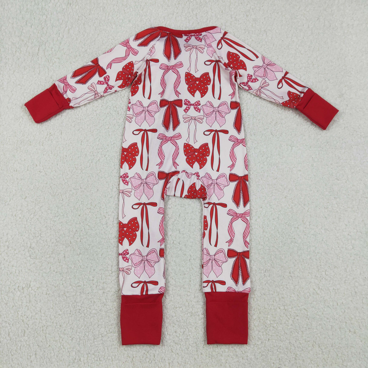 LR2780 red pink bows long sleeve zipper girls romper