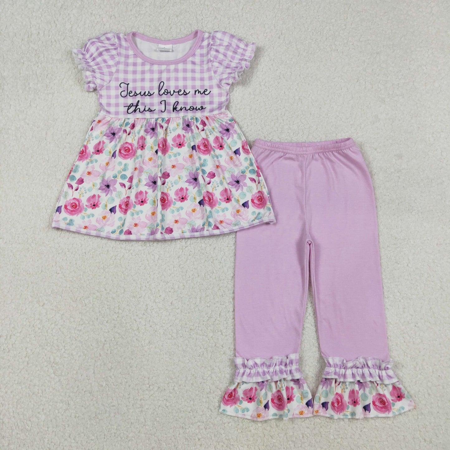 GSPO2129 Jesus loves me this i know flowers short sleeve pants girls set