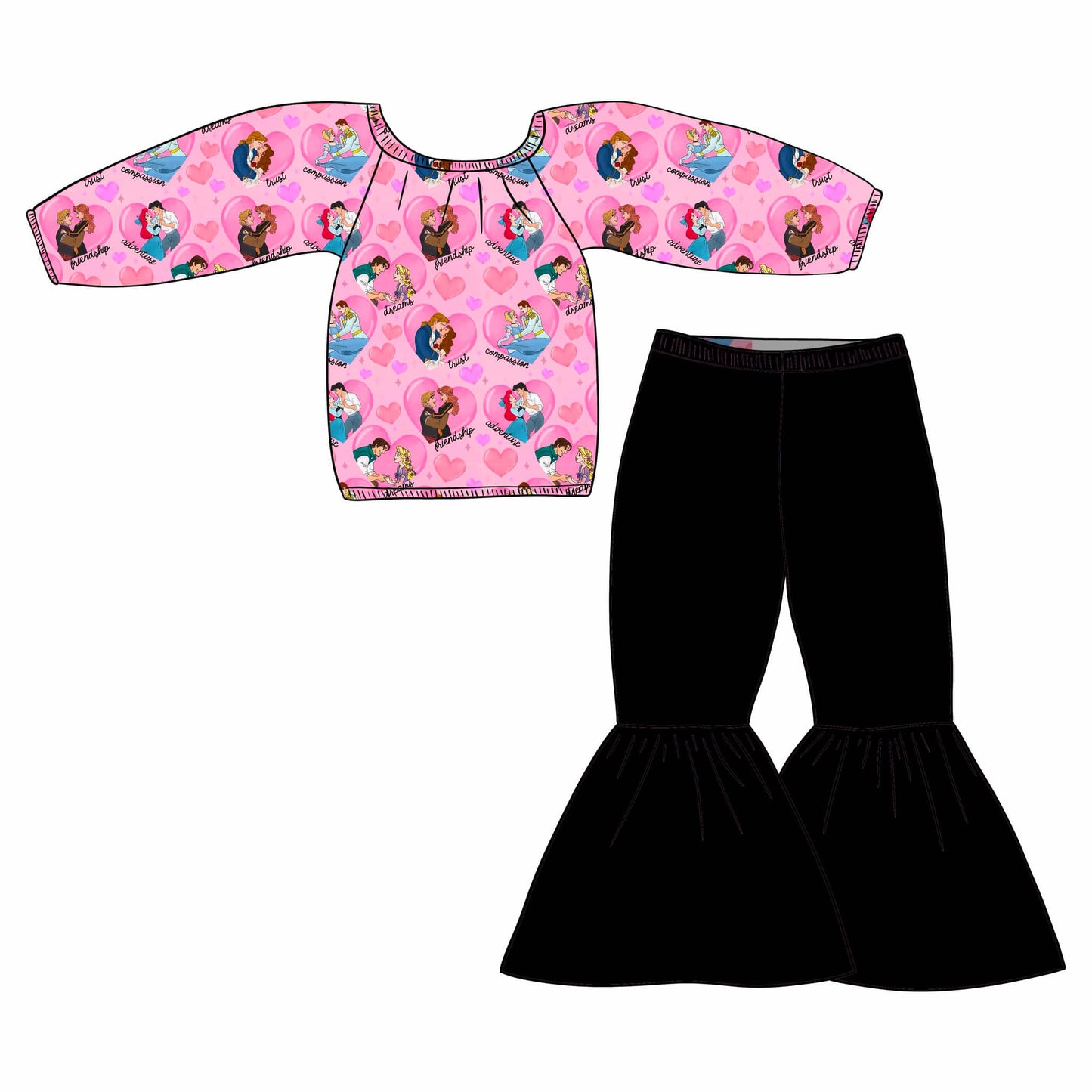 custom Valetine's Day cartoon princess pink long sleeve black pants girls set