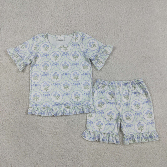 GSSO3323 Blue Bows Flowers Short Sleeve Shorts Girls Set