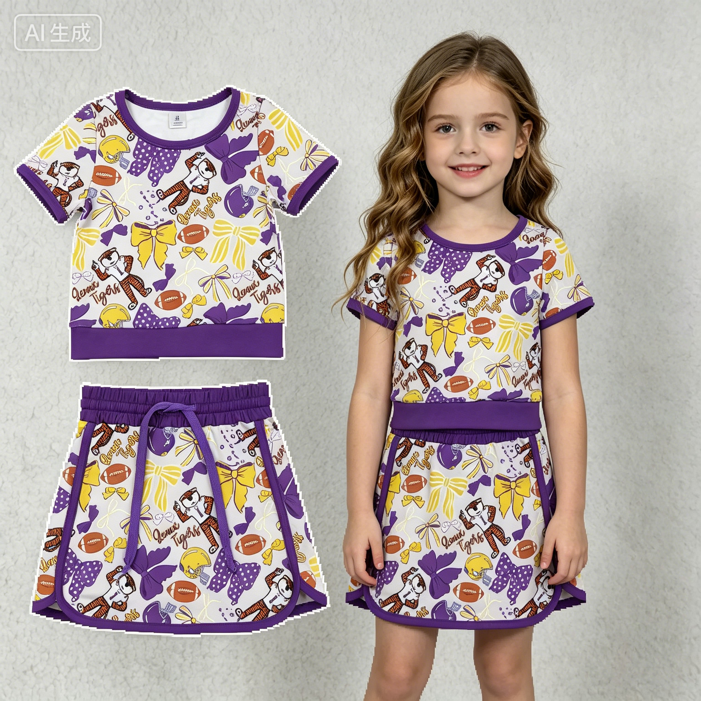 GSD3695 Yoga Football Item Bows Purple Sleeveless Skorts Girls Set