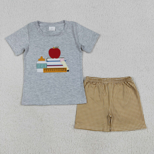 embroidery BSSO1281 back to school apple book pen short sleeve khaki checkered shorts boys set