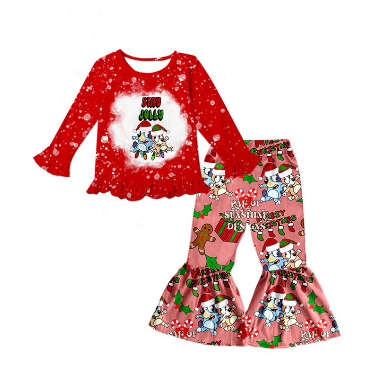 custom S 10.19 Christmas cartoon dog red long sleeve pink pants girls set