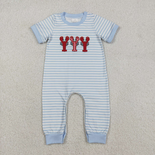 Embroidery SR3333 crayfish blue striped short sleeve boys romper