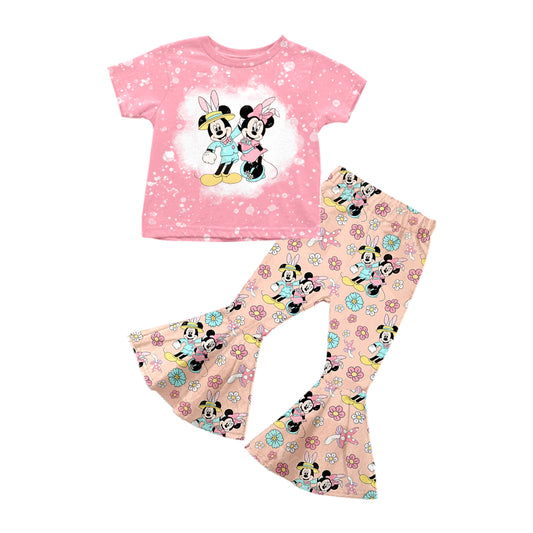 custom Easter Cartoon Pink Short Sleeve Pink Flowers Pants Girls Set