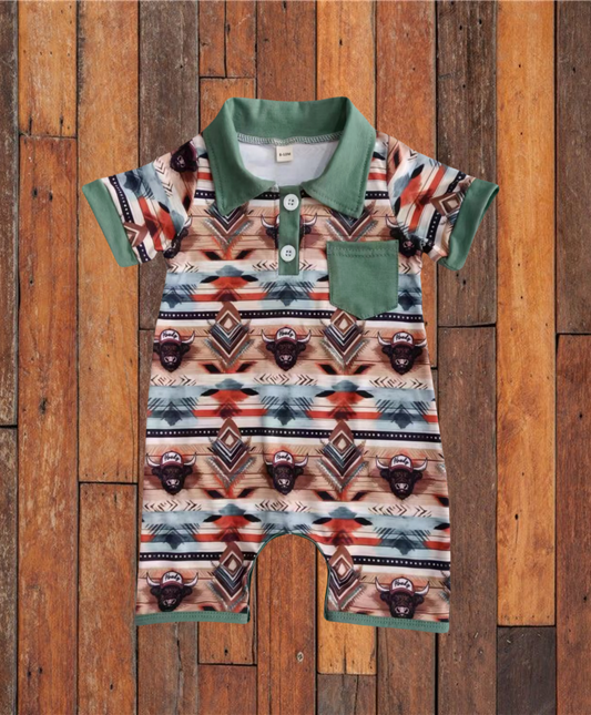 custom moq 3 Western highland cow Aztec pocket short sleeve boys romper