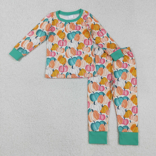Custom moq 20 bamboo colorful pumpkin orange long sleeve pants girls pajamas