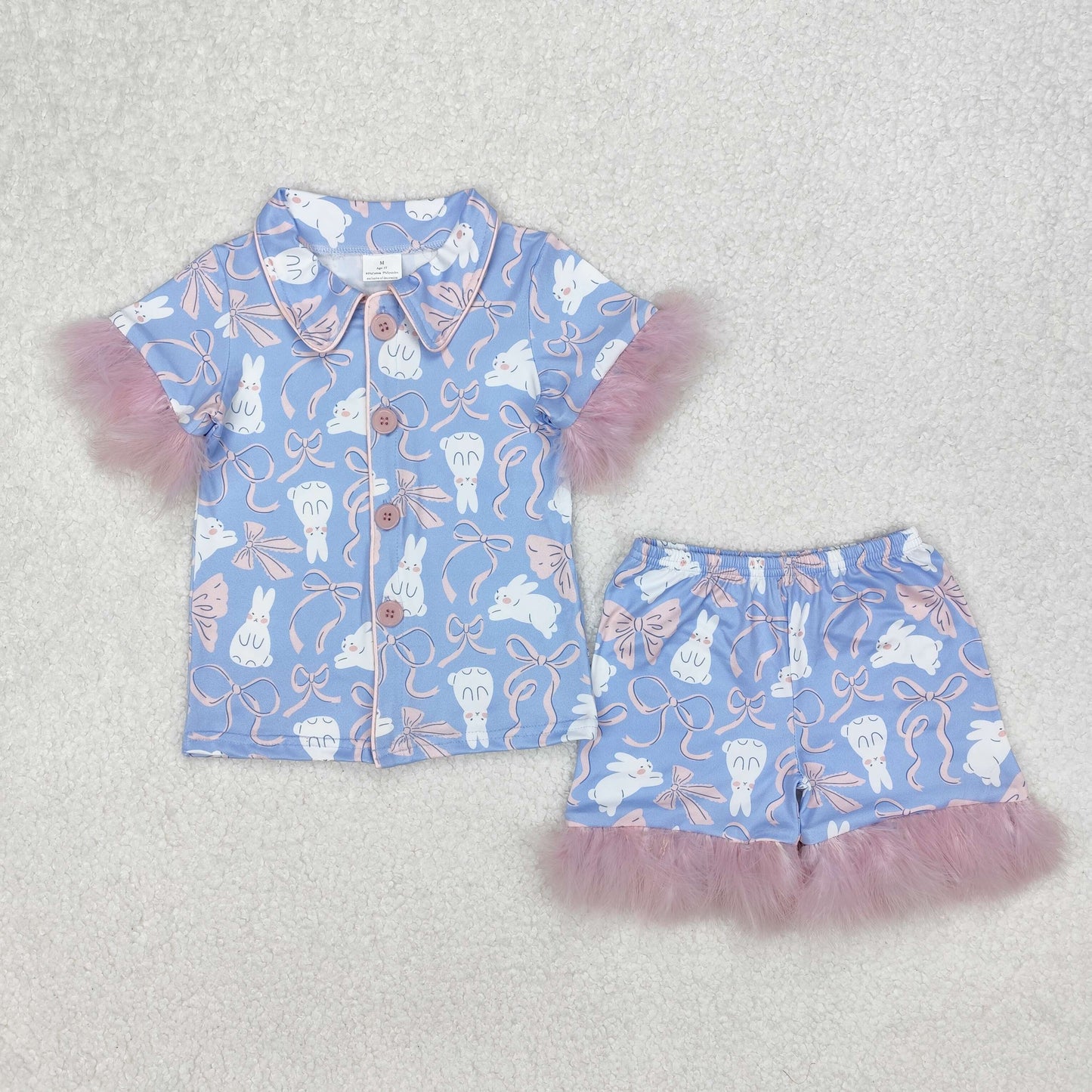 GSSO1946 Easter Bunny Rabbiy Pink Bows Blue Short Sleeve Shorts Fur Girls Buttons Pajamas