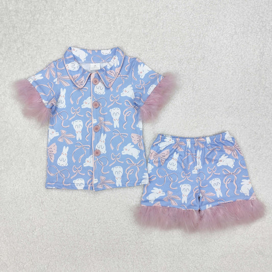GSSO1946 Easter Bunny Rabbiy Pink Bows Blue Short Sleeve Shorts Fur Girls Buttons Pajamas