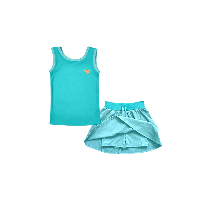 Custom Moq 3 Cartoon Princess Blue Sleeveless Skirt With Shorts Girls Set