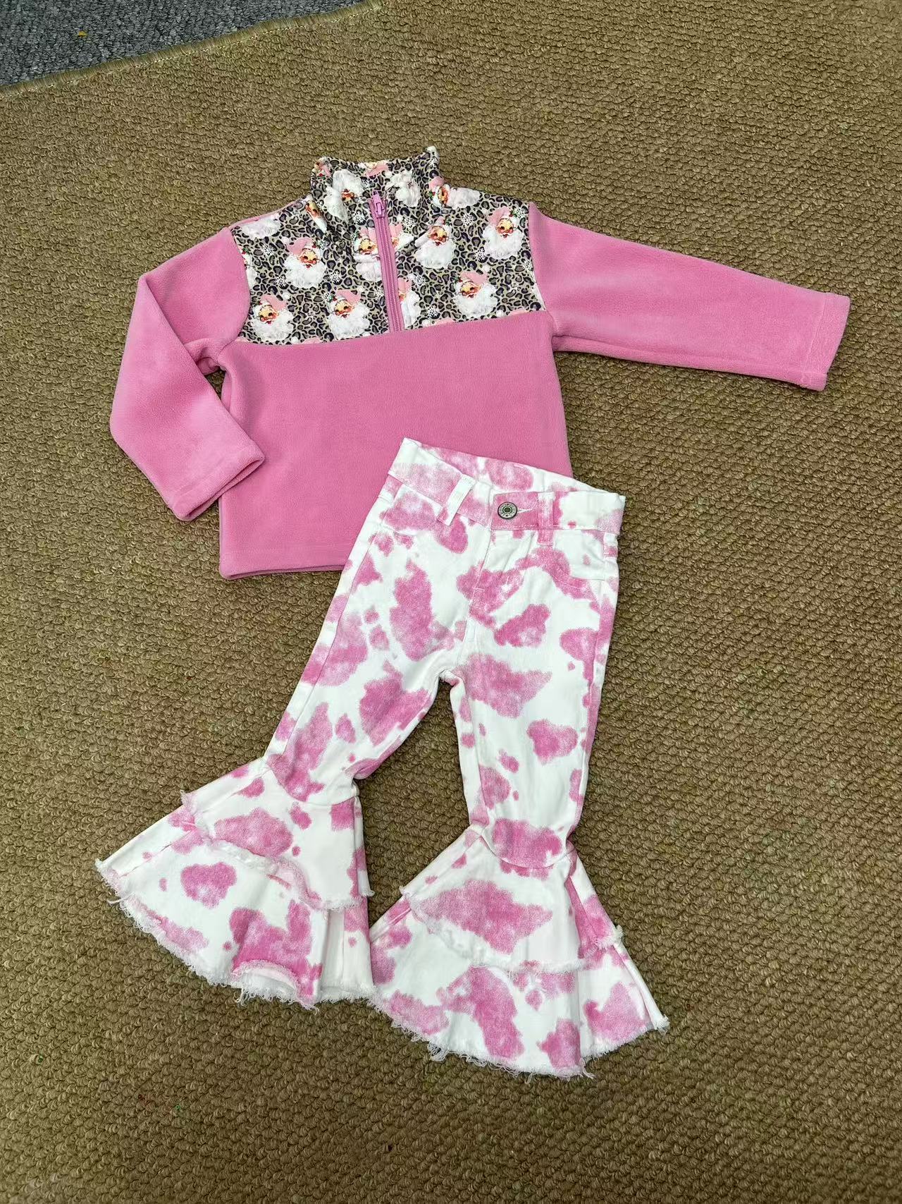 sherpa Christmas Santa zipper long sleeve pink pants girls set RTS Sibling Clothes