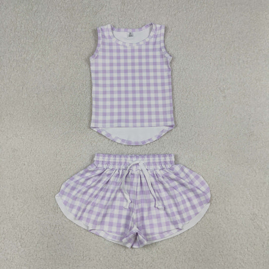 GSSO3477  Yoga Purple Checkered Sleeveless Shorts Girls Set