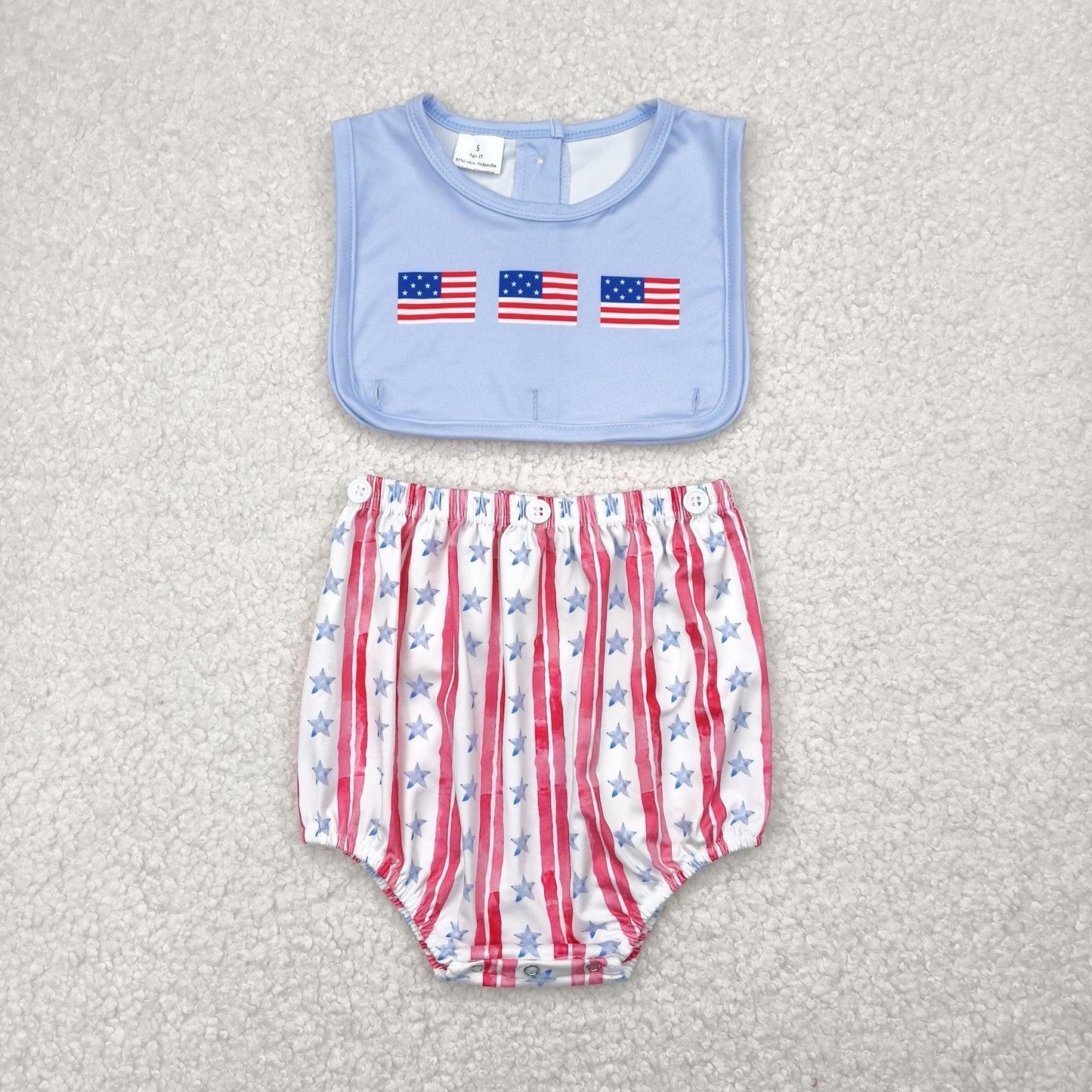 SR3049 July 4th flag red striped blue sleeveless boys 2pc romper
