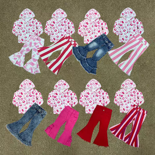 Valentine's Day Lips Zipper Hoodei Coat Jeans Girls Set