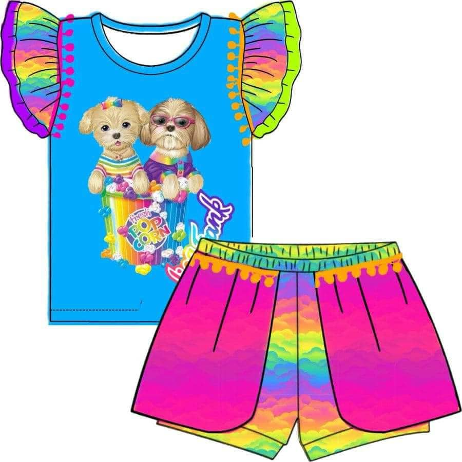 custom style cartoon dog blue flutter sleeve rainbow shorts girls set tat 6-8 weeks