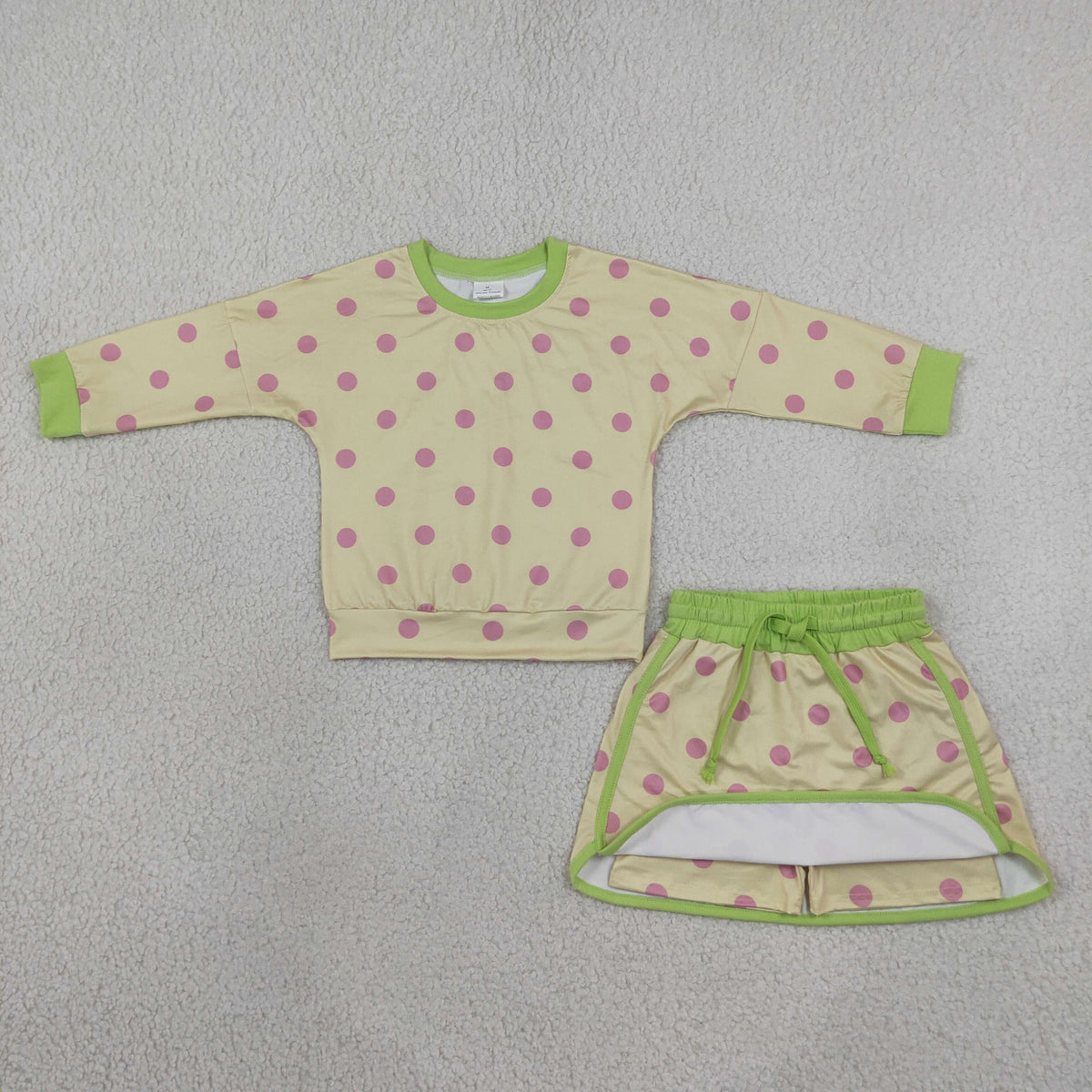 GLD1766 Yellow Dot Yellow Long Sleeve Shorts Girls Set