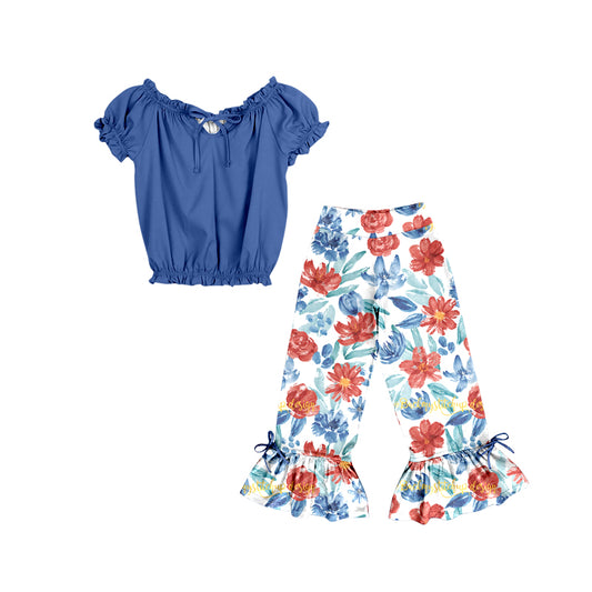 Custom Navy blue short sleeve red flowers pants girls set moq 3