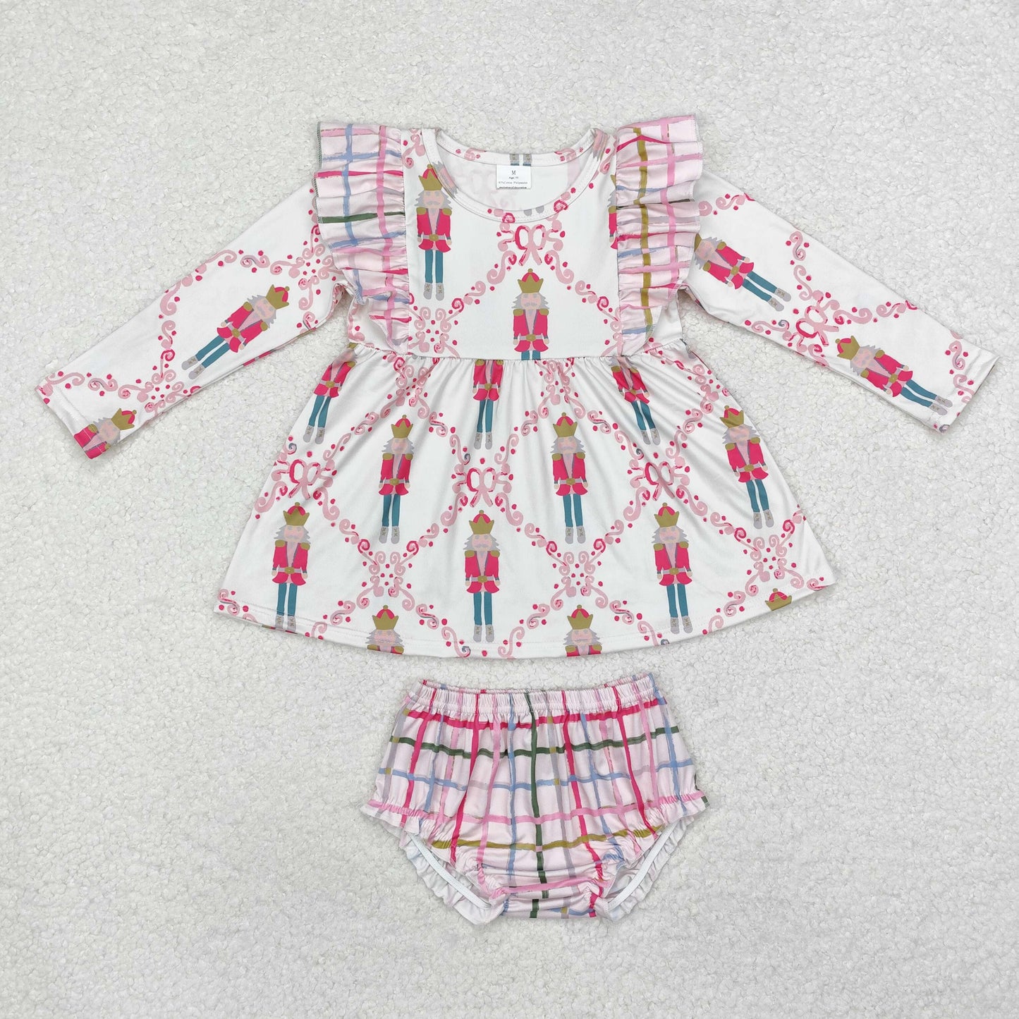 GBO0416 Christmas soldier pink long sleeve checkered girls bummies set