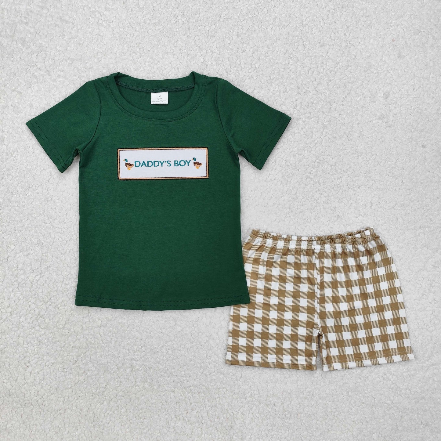embroidery BSSO1132 hunting daddy's boy mallard green short sleeve brown checkered shorts boys set