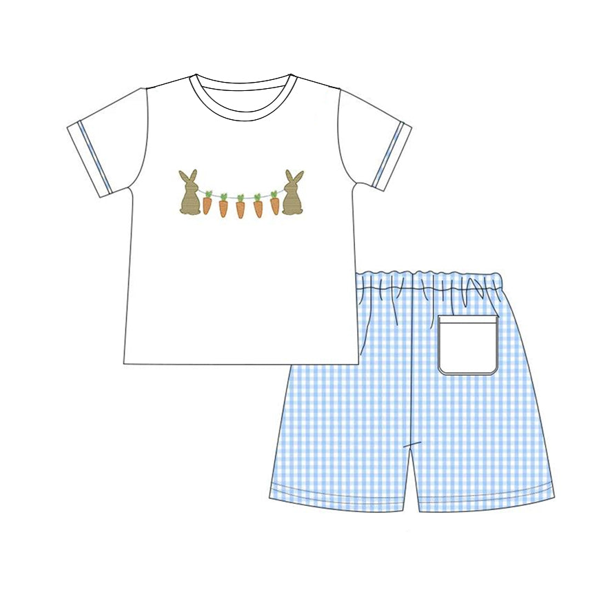 preorder BSSO0409 Easter rabbit carrot white short sleeve blue checkered pocket shorts boys set