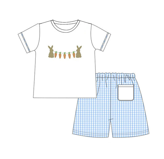 preorder BSSO0409 Easter rabbit carrot white short sleeve blue checkered pocket shorts boys set