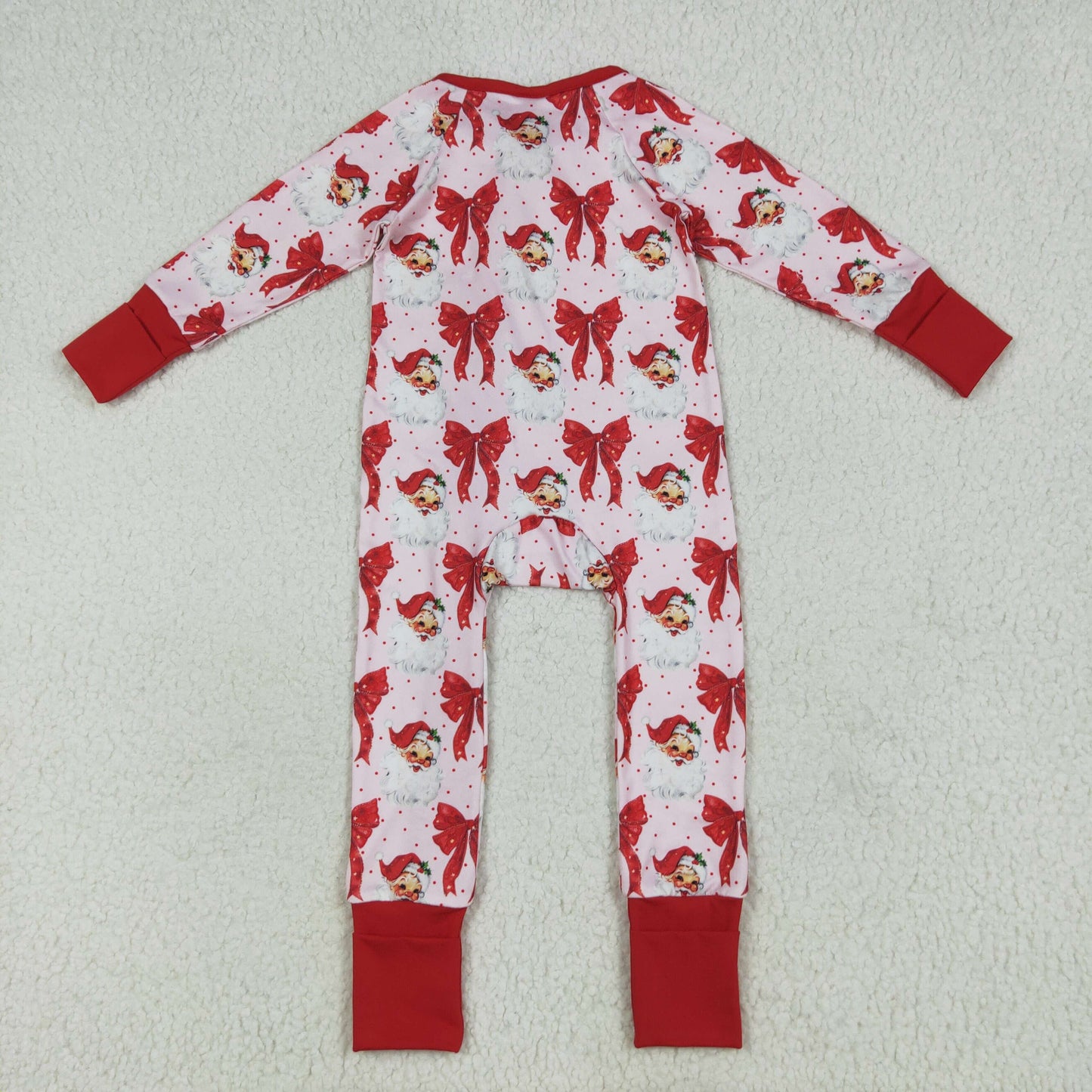 Custom moq 20 bamboo Christmas Santa bows red zipper long sleeve girls romper