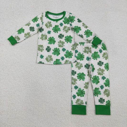 GLP2988 St Patrick green clover long sleeve pants girls pajamas