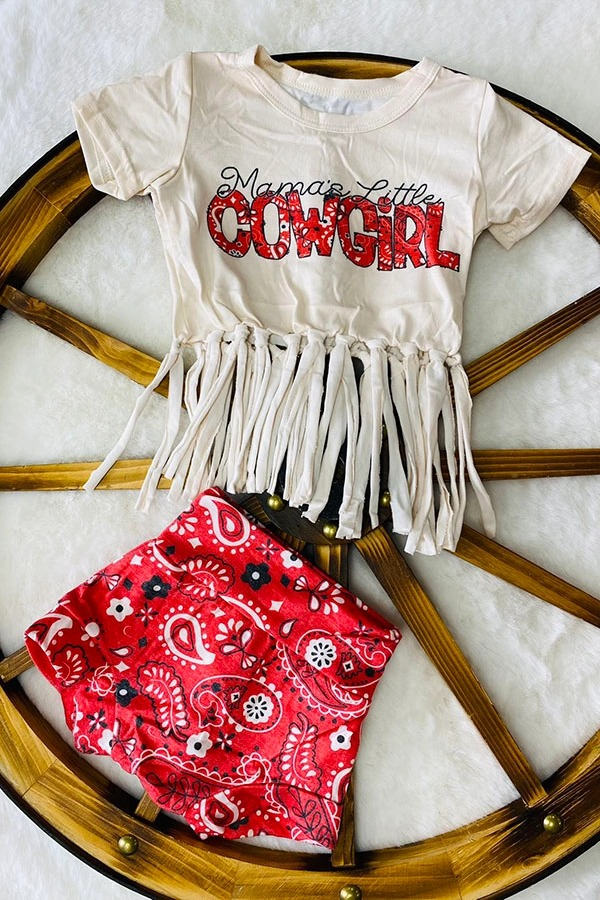 preorder GBO0451 mama's little cowgirl tassels short sleeve red bummies set girls set