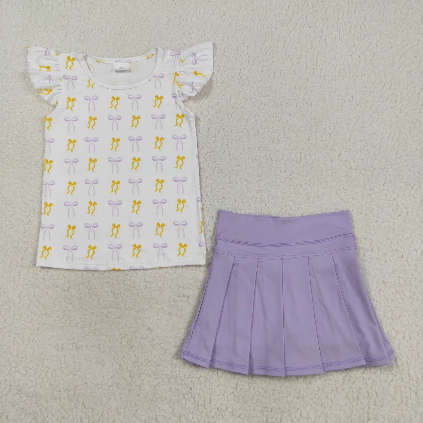 GSD2789 yellow/purple bows flutter sleeve yoga purple skorts skirt girls set