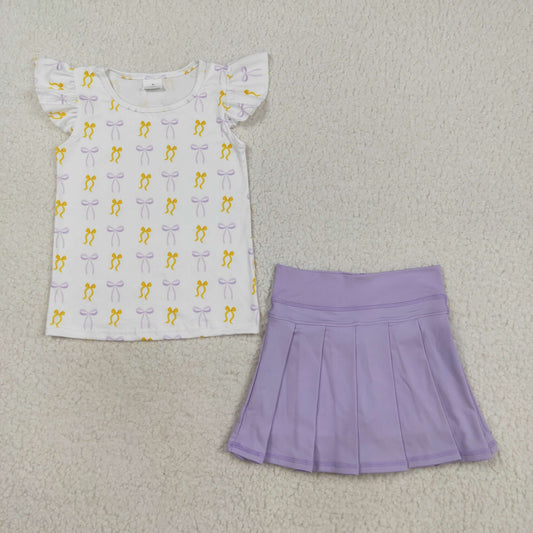 GSD2789 yellow/purple bows flutter sleeve yoga purple skorts skirt girls set