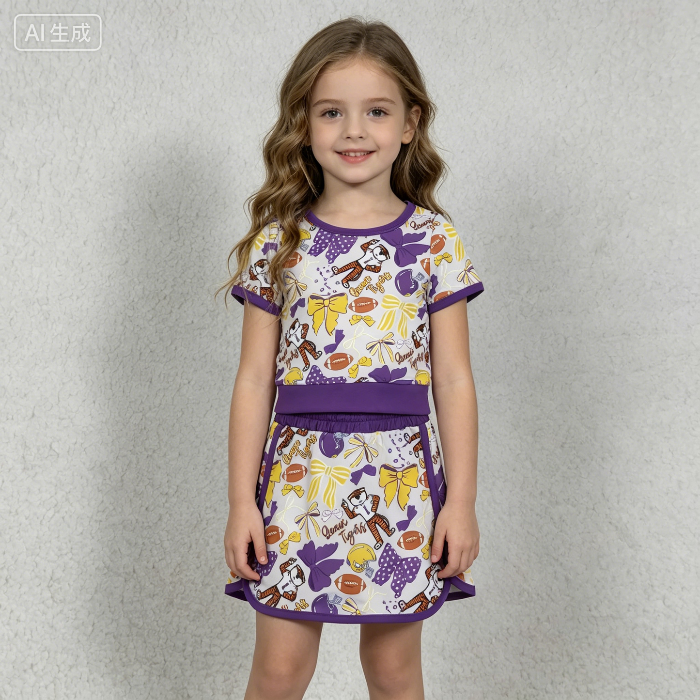 GSD3695 Yoga Football Item Bows Purple Sleeveless Skorts Girls Set