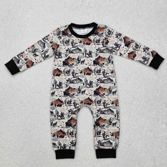 LR1064 Western cactus rodeo black long sleeve boys romper