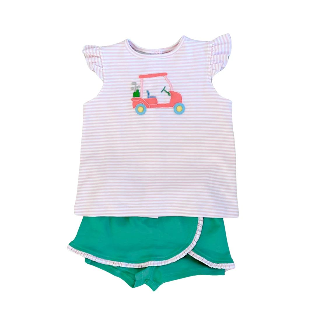 preorder GSSO1047 golf car pink stripe flutter sleeve green shorts girls set