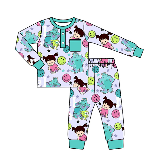 custom S 8.12 Cartoon monster blue long sleeve pants boys pajamas