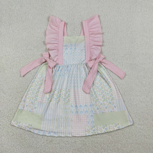 GSD3249 Floral Pink Bows Flutter Sleeve Girls Dress