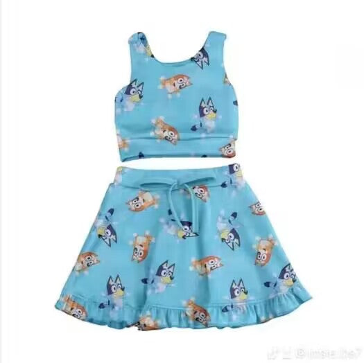 custom S style cartoon blue dog blue sleeveless skirt girls 2pcs swimsuits