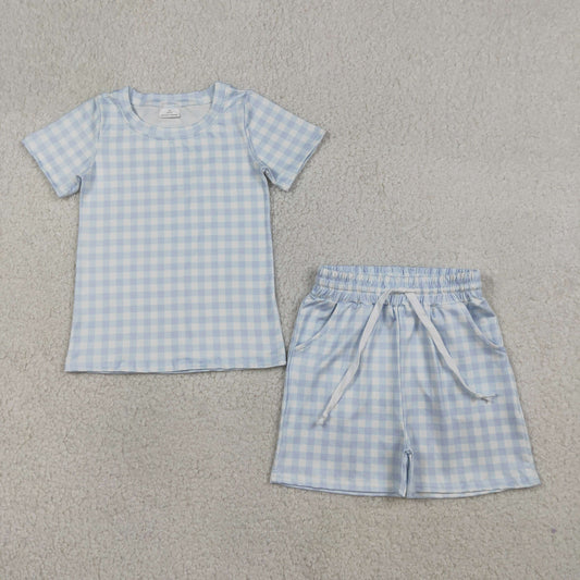 BSSO1896 Blue Checkered Short Sleeve Shorts Boys Set