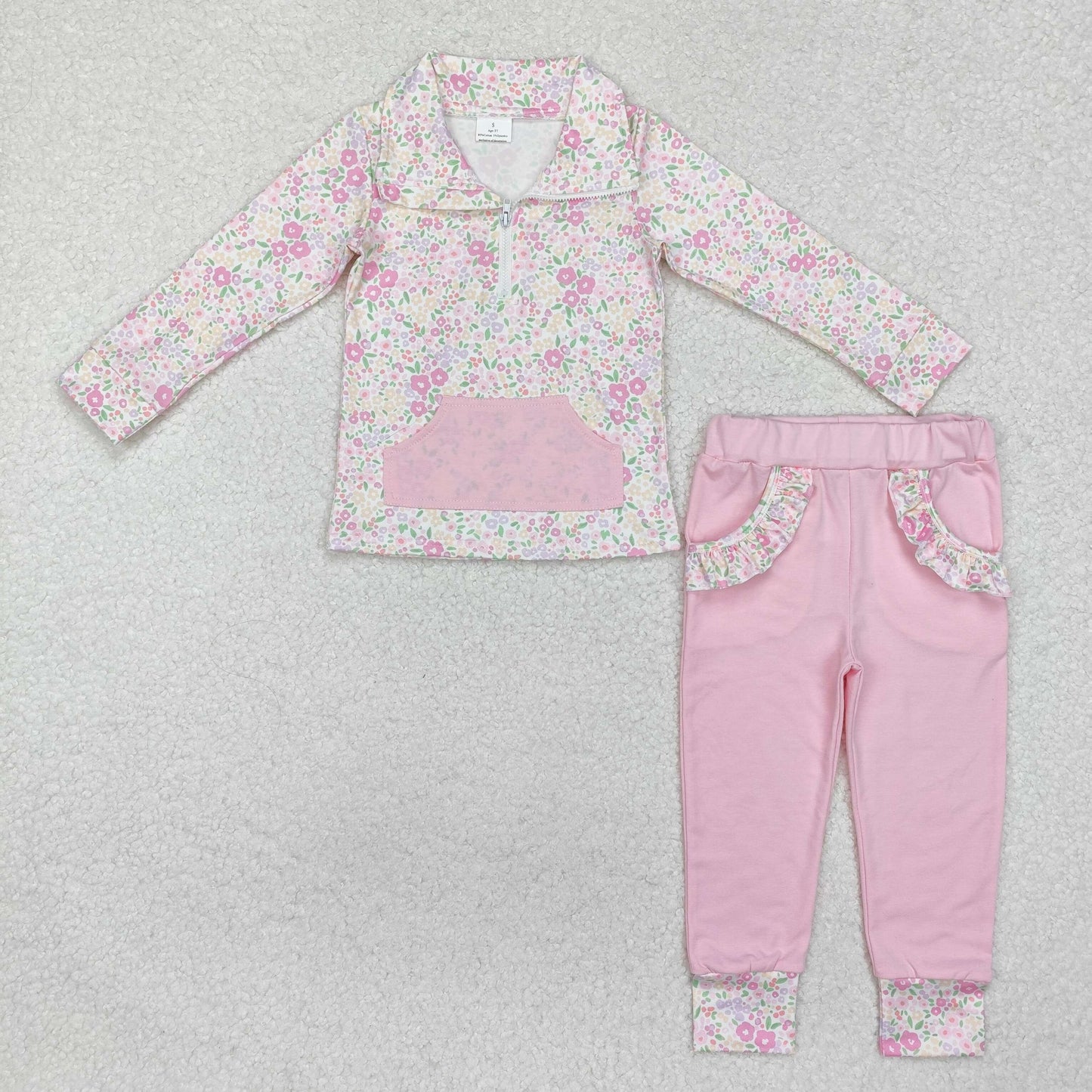GLP2118 colorful flowers pink pockets long sleeve pullover pink pants girls set