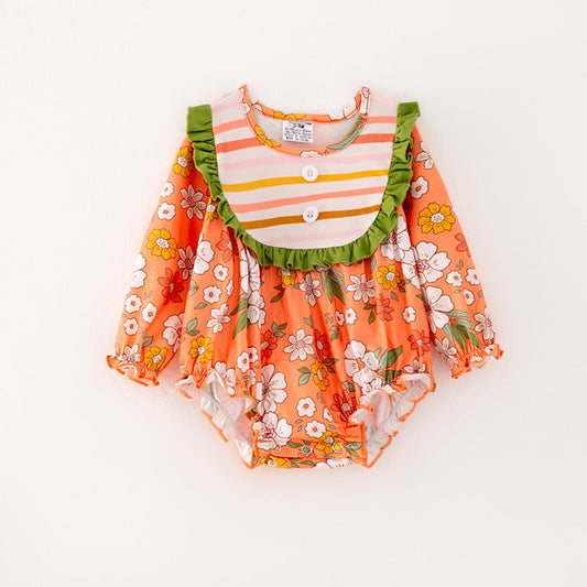 custom style flowers orange long sleeve girls romper