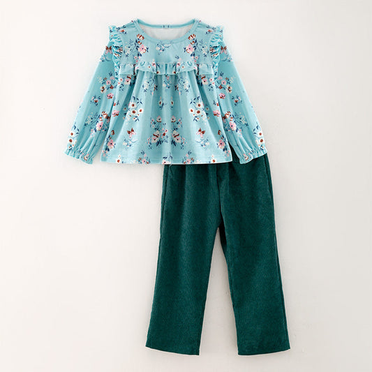 custom style flowers blue long sleeve dark green pants girls set